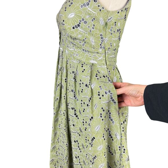 eShakti Sage Green Embroidered Eyelet Floral Fit & Flare Sleeveless Pleat Dress - Picture 8 of 13